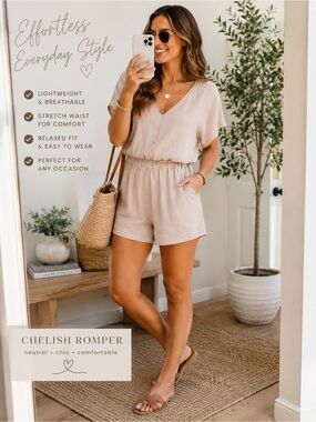 CHERISH SELF Beige V-Neck Open Back Romper Medium